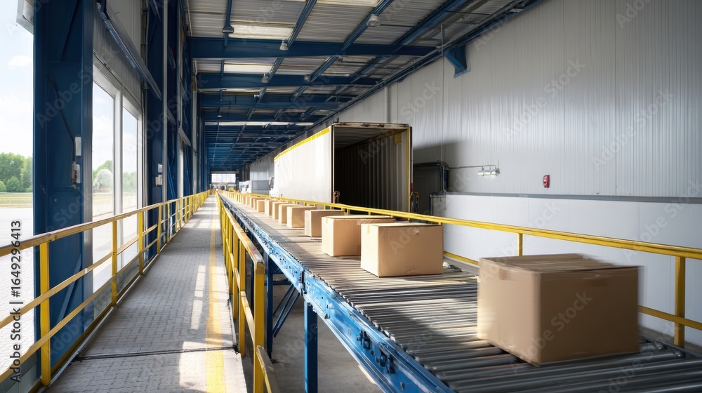 Poster efficient conveyor system transporting cardboard boxes in warehouse. bright, spacious environment en