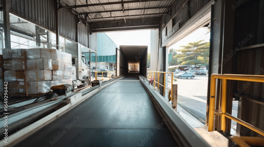 Poster efficient outbound goods conveyor line leading to loading dock, showcasing busy logistics environmen