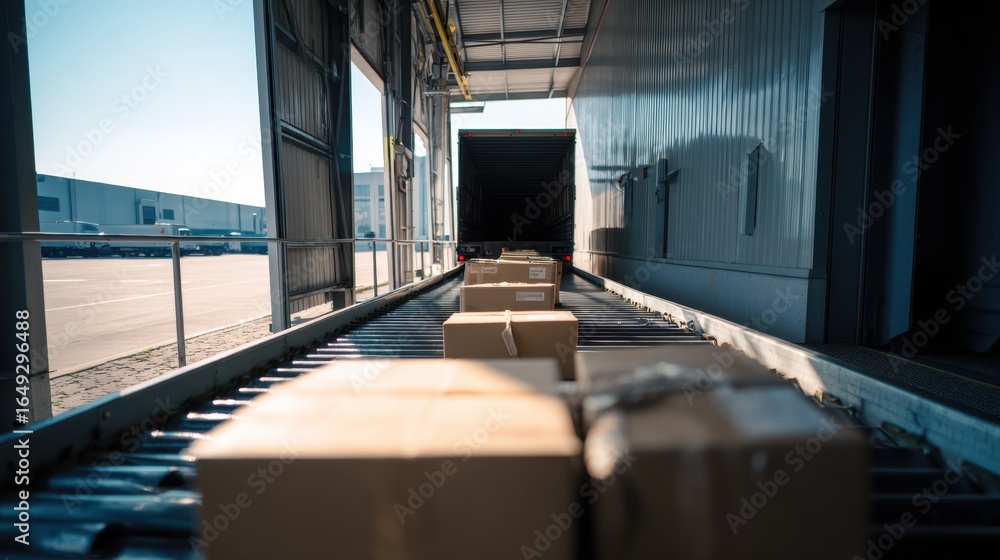 Poster efficient outbound goods conveyor line transporting packages to loading dock, showcasing streamlined
