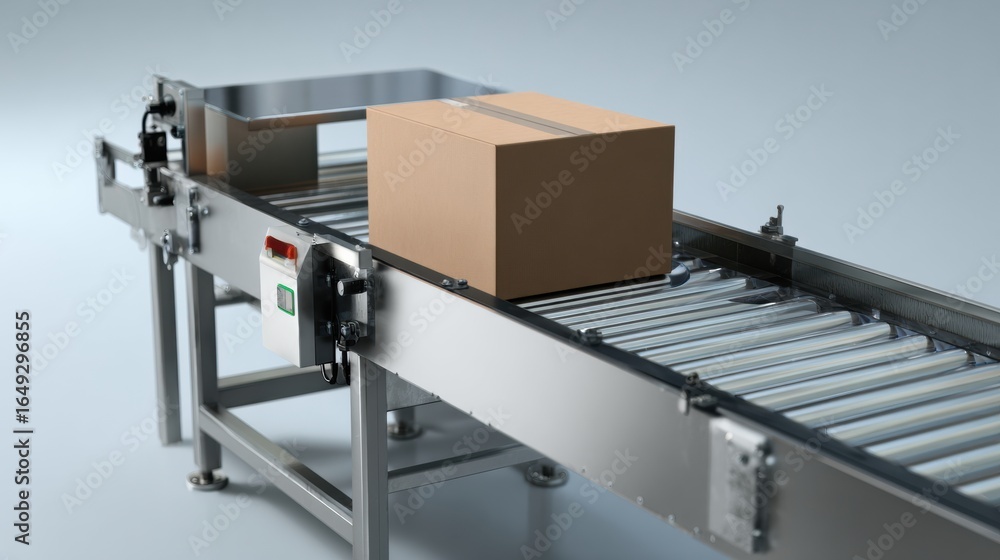 Aufkleber conveyor system transports cardboard box, showcasing efficient logistics and automation in modern wa