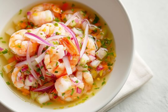 Ecuadorian ceviche de camaron shrimp ceviche on white background  
