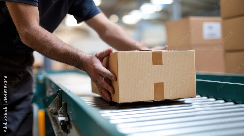 Poster efficient worker lifting box from conveyor to pallet in warehouse setting, showcasing teamwork and p