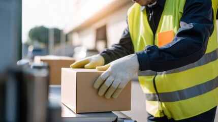 Worker in safety vest and gloves carefully places cardboard box onto conveyor belt, demonstrating attention to detail and safety in warehouse environment