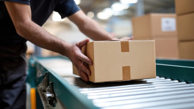 Efficient worker lifting box from conveyor to pallet in warehouse setting, showcasing teamwork and productivity in logistics operations