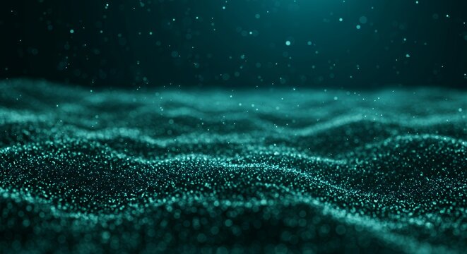 Dark teal turquoise glitter particles with bokeh effect and wave motion abstract background for technology and digital design - Powered by Adobe