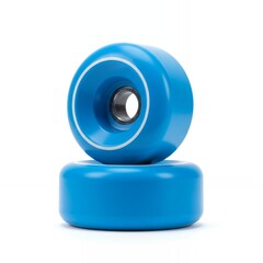 Two blue translucent skateboard wheels stacked showing white circular ring graphics, precision bearings, and professional urethane construction quality