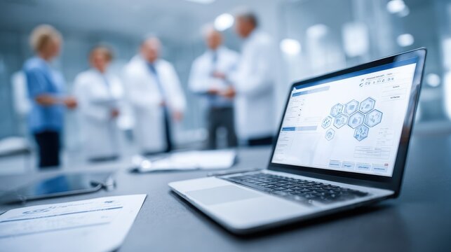 Professional inspecting a digital medicaldevice SBOM displayed on a laptop pointing to a specific software module with blurred coworkers reviewing documents in background.