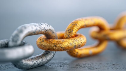 Fototapeta premium Close-up of two metal chain links, one aged gold, one silver, connecting