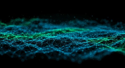 Abstract digital network mesh with glowing cyan and teal interconnected nodes on dark technology background for data visualization