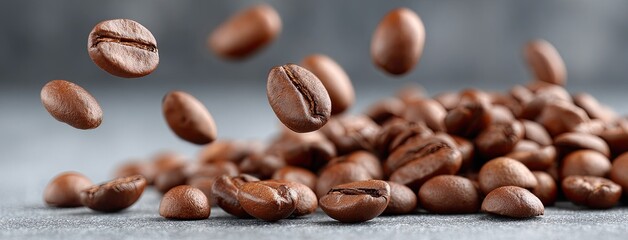 Obraz premium Light gray background showcases scattered coffee beans, highlighting their rich textures and potential as a design element