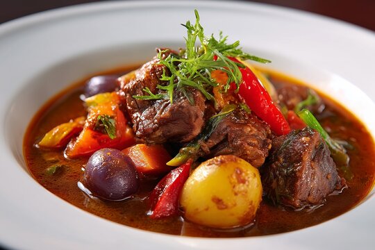 Ecuadorian seco de chivo goat stew on white background  
