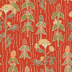 Red autumn striped meadow flowers seamless pattern. Artistic hand drawn vertical lines, fall wildflowers repeat background. Vector harvest garden wallpaper, organic nature, botanical textile design