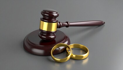 A symbolic legal composition featuring a wooden gavel with gold accents beside two wedding rings, resting on a polished base—evoking themes of marriage, justice, and decision-making.