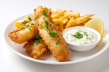Fish and chips with tartar sauce on white background  
