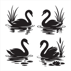 Black and white swan silhouette illustration set with water ripples, reeds, and lily graceful bird poses with reflections, ideal for nature-themed vector graphics, minimalist wildlife art