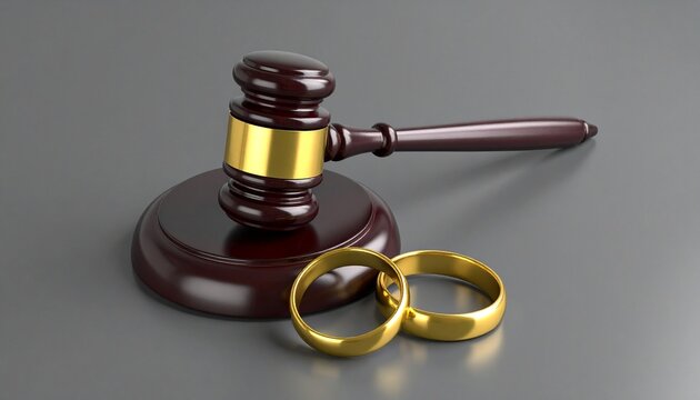A symbolic legal composition featuring a wooden gavel with gold accents beside two wedding rings, resting on a polished base—evoking themes of marriage, justice, and decision-making.