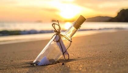 A corked glass bottle with a rolled message lies on a sunlit beach, waves gently lapping nearby as the sun sets over the horizon—evoking mystery, nostalgia, and adventure.