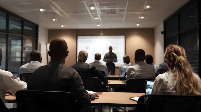 A corporate training room with an instructor and participants  long title A well lit corporate training room with an instructor leading a