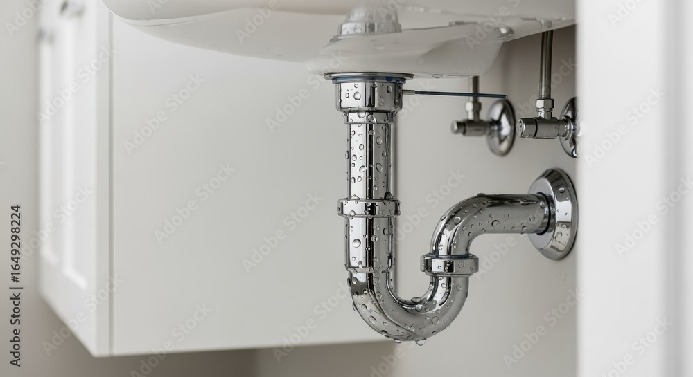 Poster tracking shot of finished ptrap installation under bathroom sink with emphasis on proper alignment a