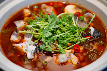 The delicious spicy boiled fish looks very delicious