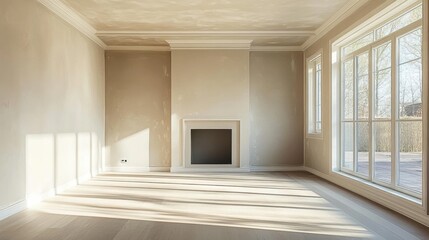 Empty living room after putty work on walls and ceiling in a new build house