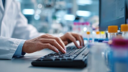 Medium shot of pharmacist analyzing Bayesian pharmacokinetic model for vancomycin dosing hands in sharp focus typing on keyboard lab setting blurred behind.