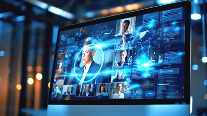 Modern computer screen displaying a video conference connecting business people remotely, featuring a futuristic interface with various data and information - Powered by Adobe