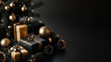 Elegant christmas gifts in black and gold with ornaments and pine cones under the christmas tree
