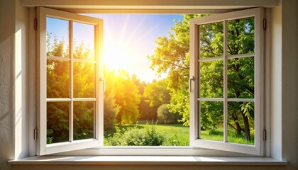 An open white-framed window revealing a lush green landscape bathed in sunlight, symbolizing tranquility, nature, and indoor-outdoor harmony.