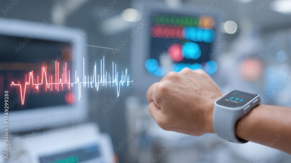 Poster patients hand with pulse oximeter and sharp bar graph visualization while medical equipment fades so