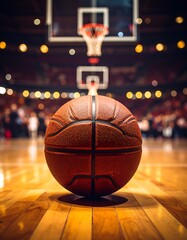 Basketball on court in arena