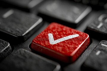 Close-up of a red computer key with a white checkmark