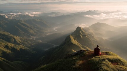 Naklejka premium Hiker sits on a grassy peak, overlooking a sunlit valley between distant mountain ranges