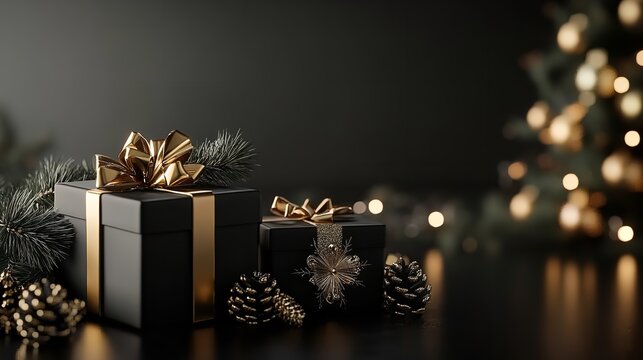 Elegant black and gold christmas presents with pine cones and christmas tree lights background - Powered by Adobe