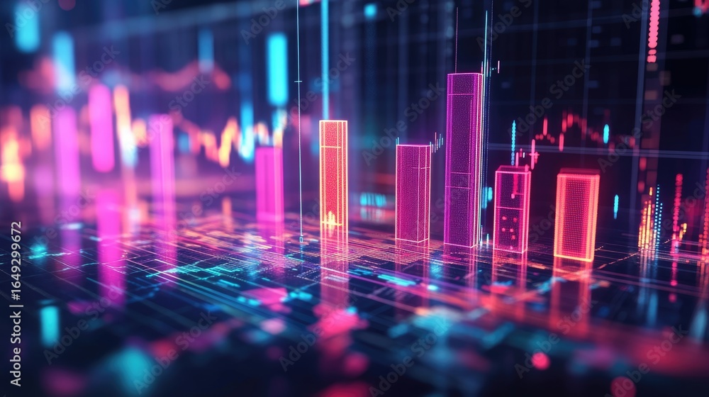 Poster vibrant digital financial data visualization with colorful bar graphs and glowing circuit patterns o