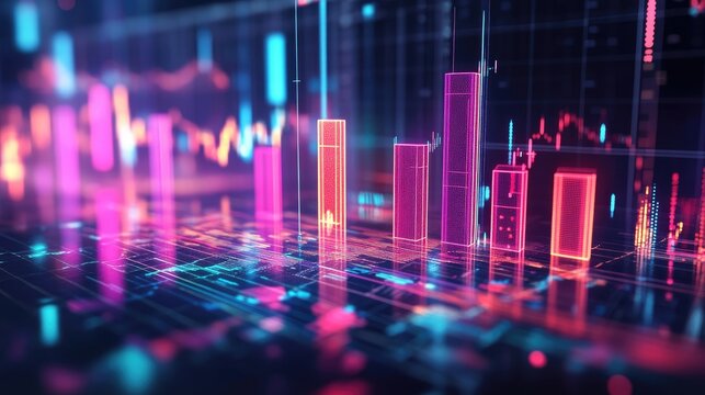 Vibrant digital financial data visualization with colorful bar graphs and glowing circuit patterns on a dark background.
