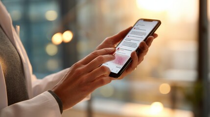 User interacting with a smartphone dermatology AI app validating rash image the phone screen crisp and text readable with a softly blurred office environment behind.