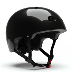 Fototapeta premium Black glossy protective helmet front view with ventilation openings padded interior red quick release chin strap buckle isolated white background cycling skating safety equipment