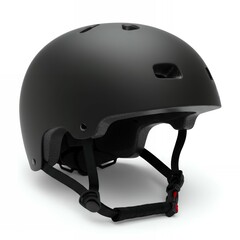 Fototapeta premium Black matte sport helmet rear three quarter view with multiple ventilation vents adjustable strap system red safety buckle isolated white background protection gear