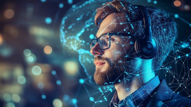 Man with augmented reality interface overlaying a digital brain and network connections visualized around his head