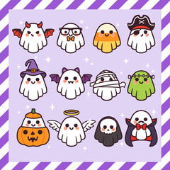 Cute Kawaii Ghost Halloween, Cute Halloween candy, pumpkin, mummy, devil