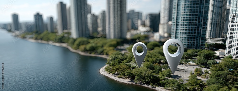 Poster gps icons linked by lines create a digital map view above a vibrant city, symbolizing advanced geolo