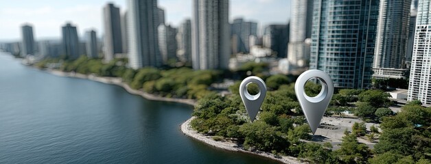 GPS icons linked by lines create a digital map view above a vibrant city, symbolizing advanced geolocation systems in daily life