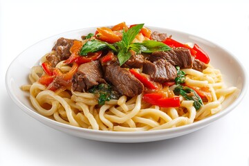 Kazakh beshbarmak with noodles and meat on white