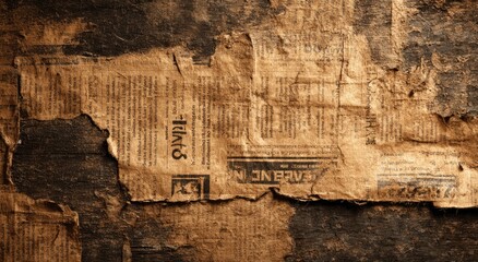 Aged newspaper fragments on a weathered surface