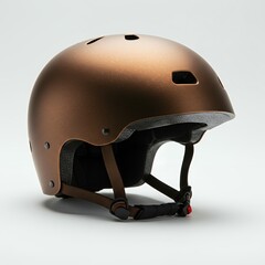 Fototapeta premium Matte bronze protective sports helmet with black foam padding and brown chin strap for skateboarding cycling urban safety equipment closeup