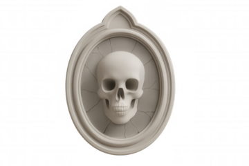 Cracked oval frame revealing white skull emerging with haunting 3d rendering, evoking eerie halloween visual design