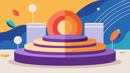 A vibrant three tiered stage with a circular backdrop and floating leaves in a colorful setting