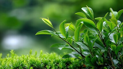Obraz premium Detailed close-up of freshly sprouted tea leaves basking in sunlight, highlighting their texture against a lush green background