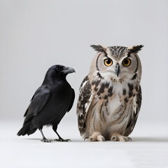 Obraz premium Great Horned Owl and a Black Crow in Studio